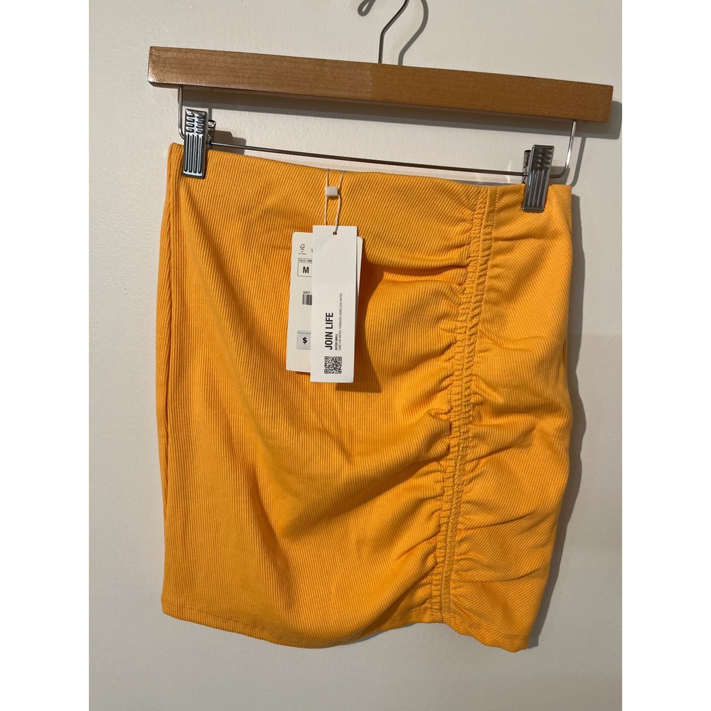 Zara Ribbed Ruched Mini Skirt Orange Yellow Join Life Knit Bodycon Womens Size M